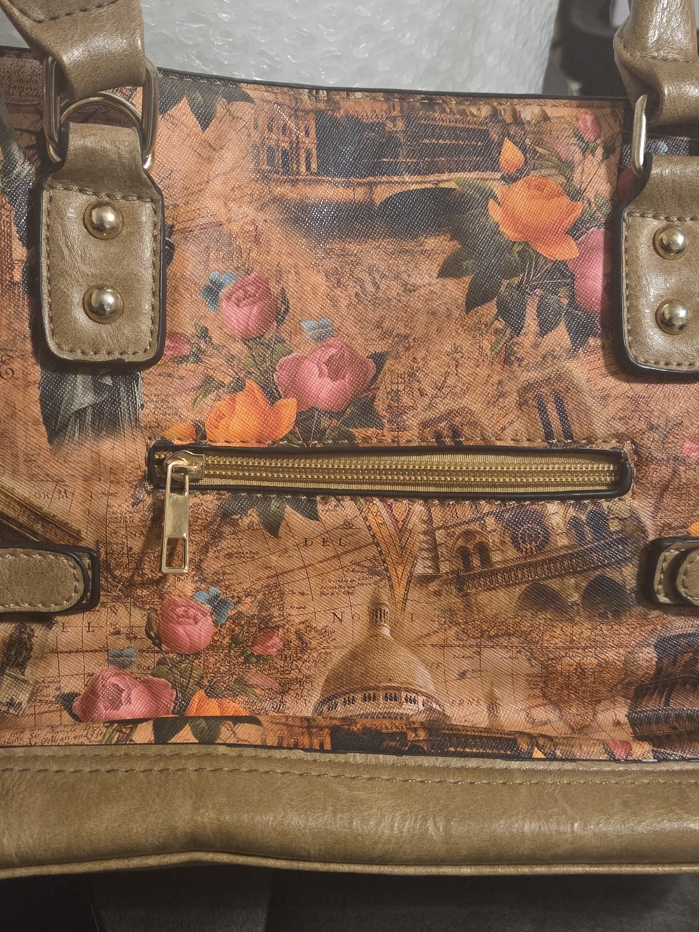 Floral Printed Tote Bag in Brown and Pink